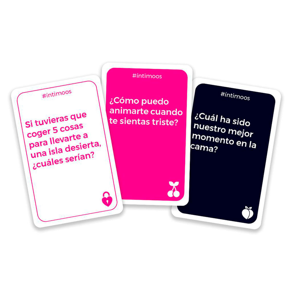 Tres tarjetas con preguntas: blanca, rosa y azul oscuro.
