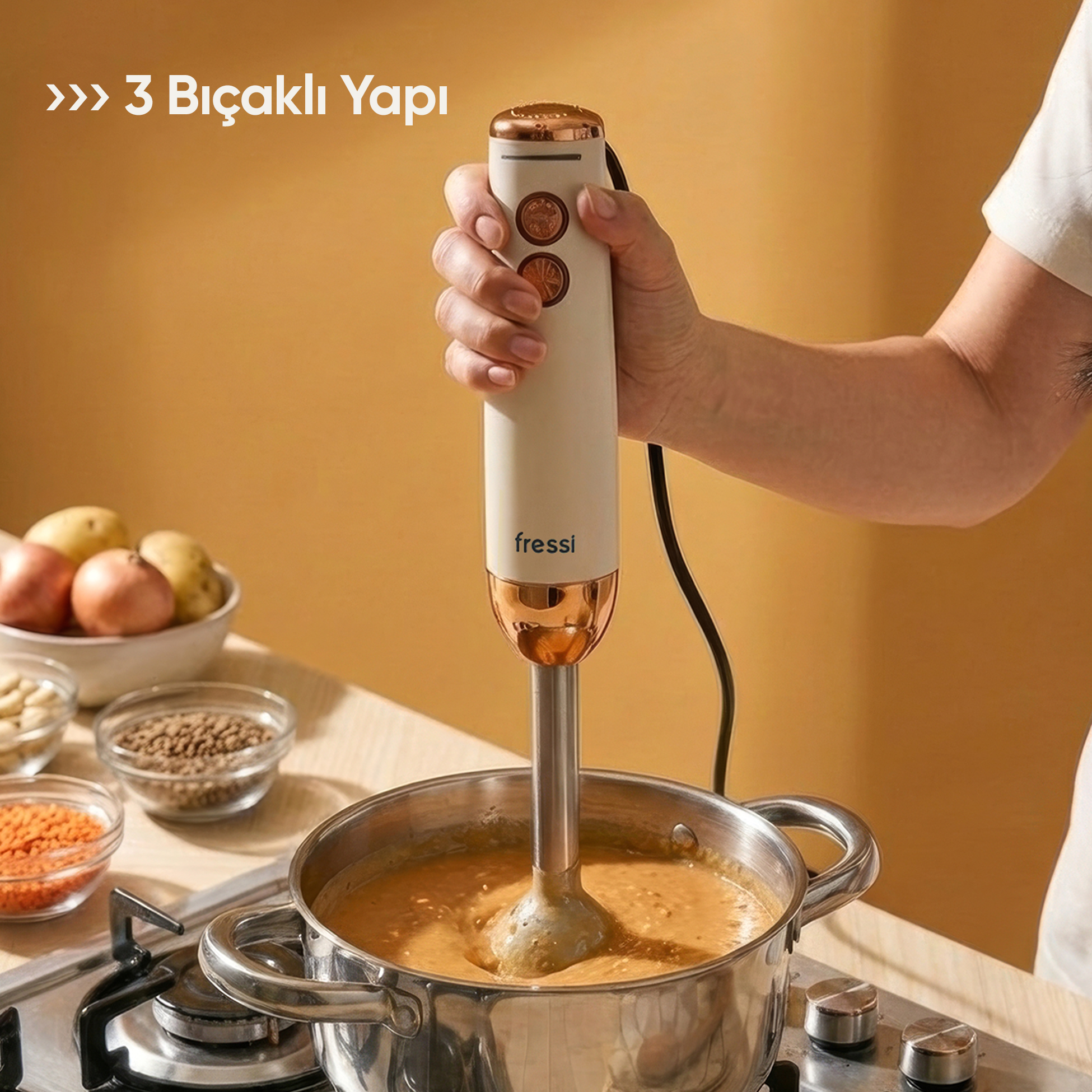 Bir el, çorba tenceresinin üzerinde el blenderı tutuyor. Yanında malzemeler olan kaseler var.