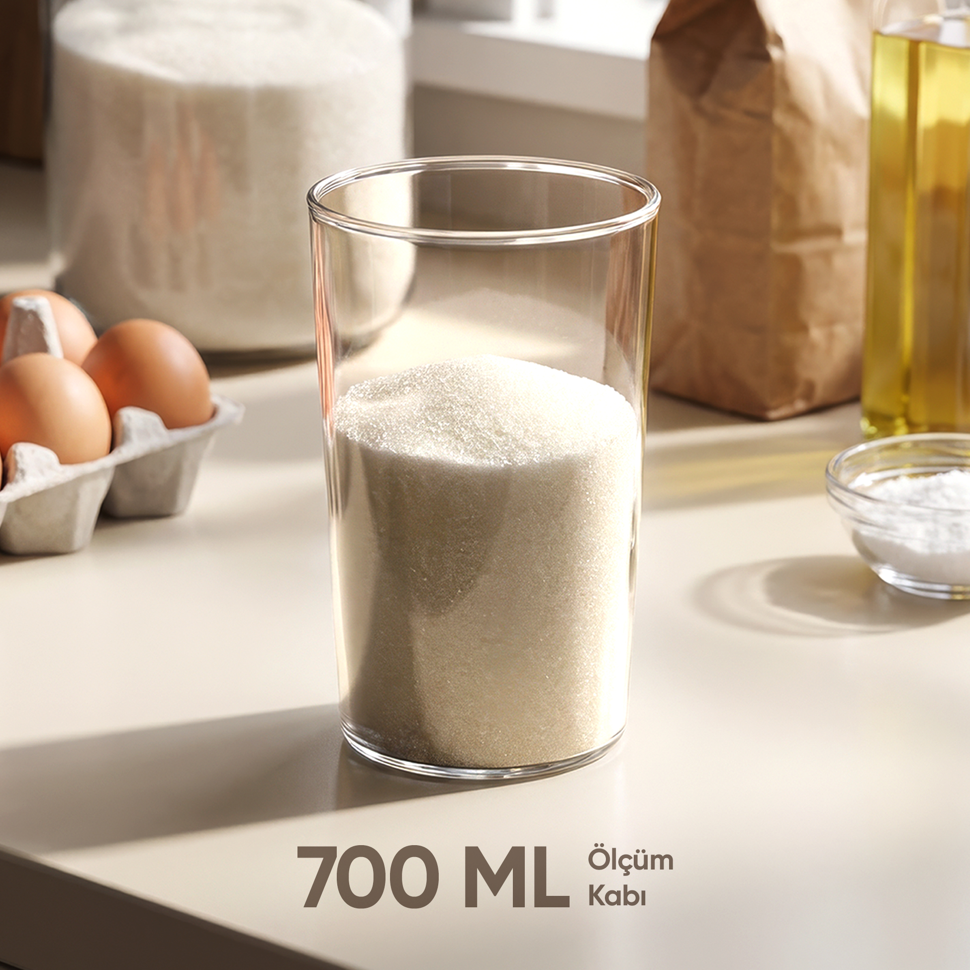 Bir bardak şeker, tezgahtaki yumurta ve pişirme malzemelerinin yanında.
