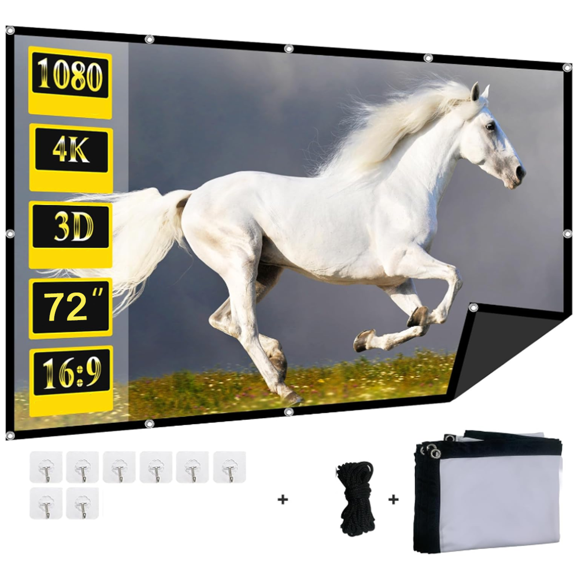 Ein weißes Pferd galoppiert über eine Leinwand mit 1080, 4K, 3D, 72", 16:9.