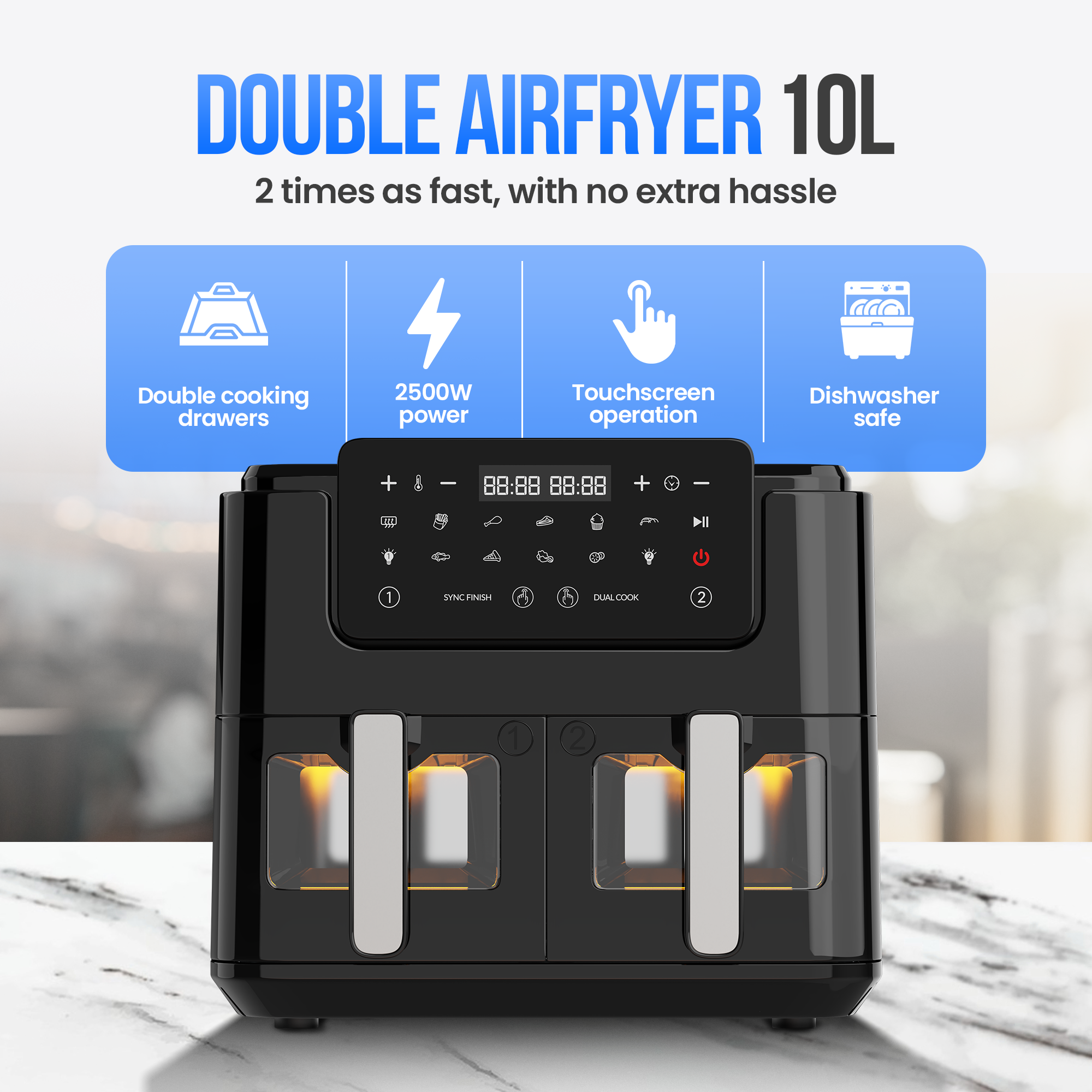 Friggitrice ad aria doppia nera da 10L con touchscreen, 2500W.