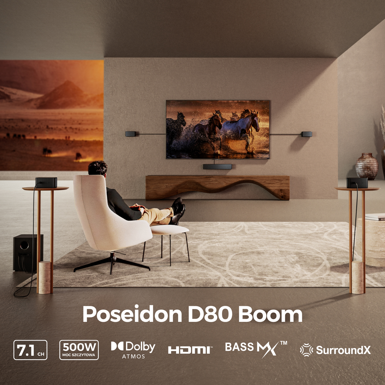 Mężczyzna siedzi w fotelu, ogląda TV z końmi w wodzie. Poseidon D80 Boom.