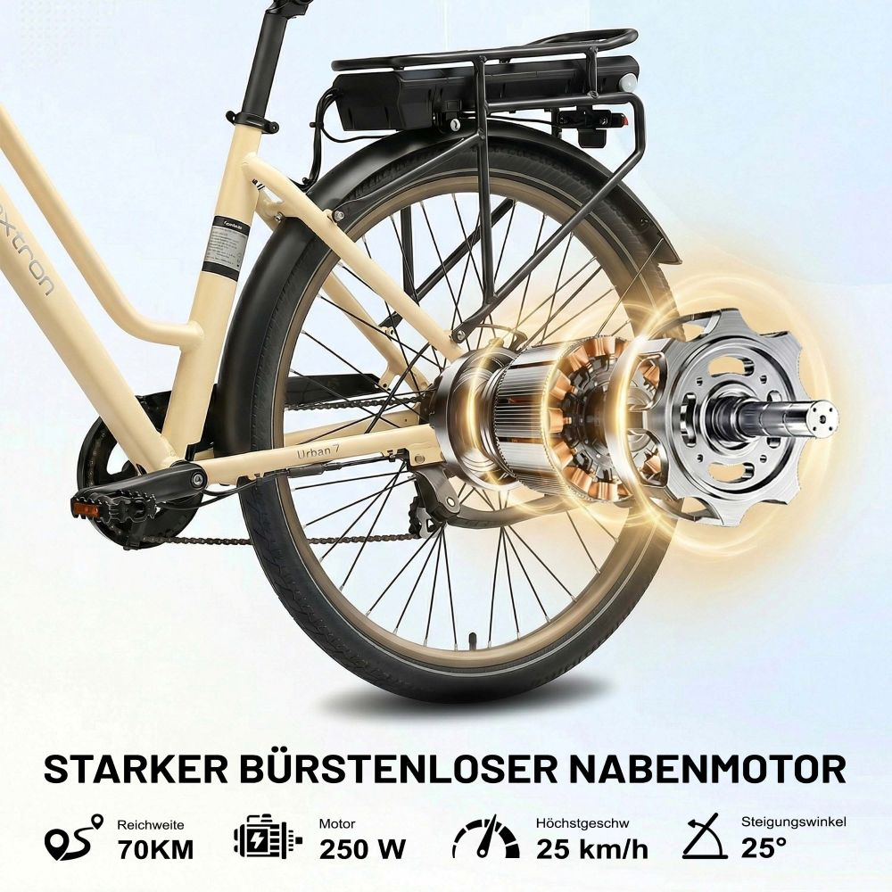 Dettaglio di una e-bike color crema incentrato sul motore del mozzo.