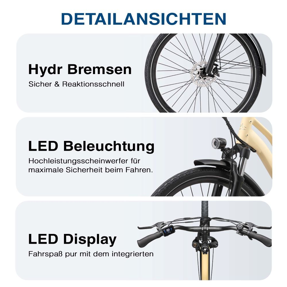Dettagli di una bicicletta: freni, illuminazione e display.