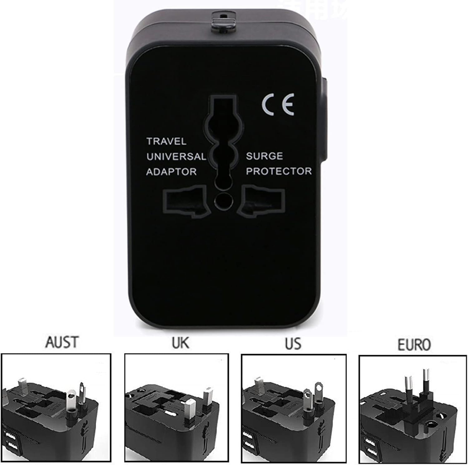 Schwarzer Universalreiseadapter mit vier Steckertypen: AUS, UK, US und EURO.