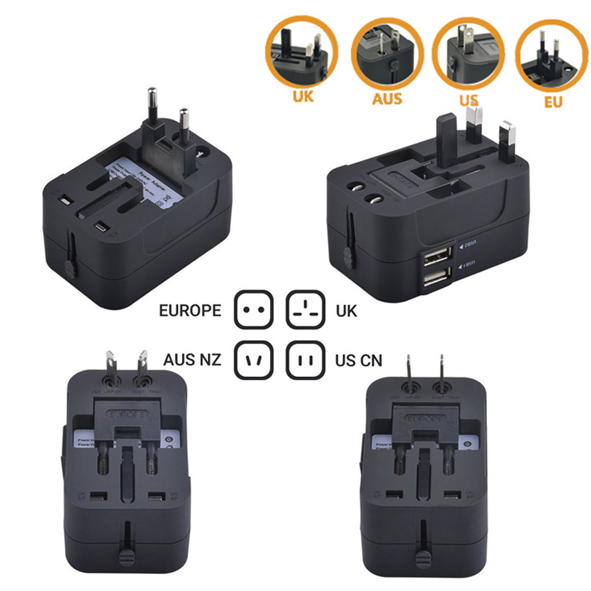 Mehrzweck-Reiseadapter mit ausziehbaren Steckern für verschiedene Länder und USB-Anschlüsse.