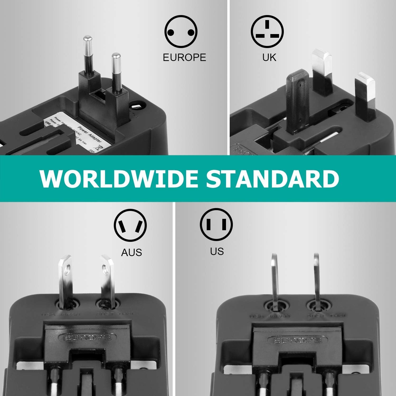 Weltweiter Reiseadapter mit verschiedenen Steckern für Europa, UK, Australien und USA.