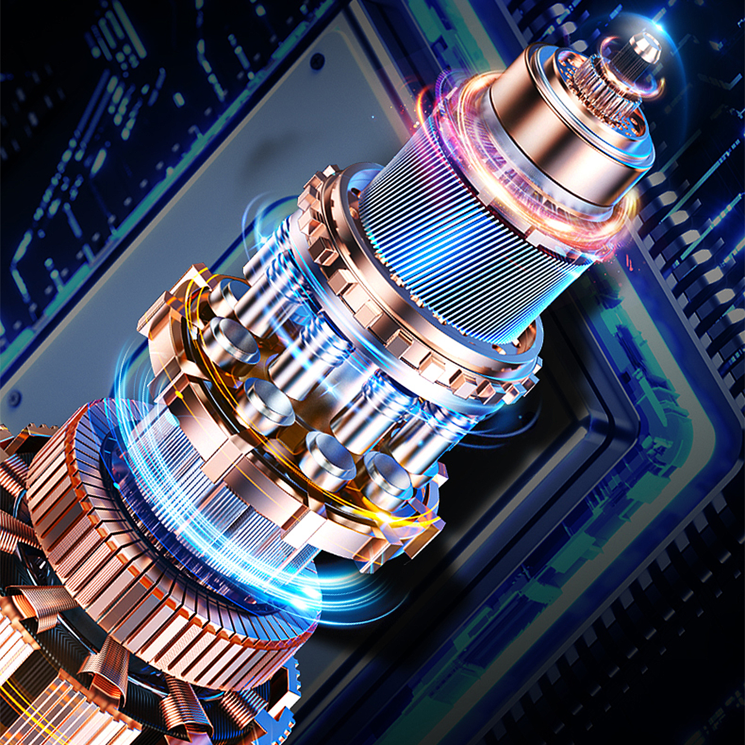 Nahaufnahme eines Kupfermotors mit blauen und orangen Energie Ringen.