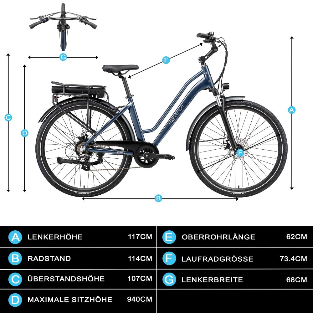 Disegno tecnico di una e-bike blu con dimensioni ed etichette.