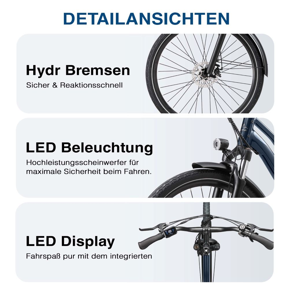 Viste dettagliate: Freni idraulici, illuminazione a LED e display a LED di una bicicletta.