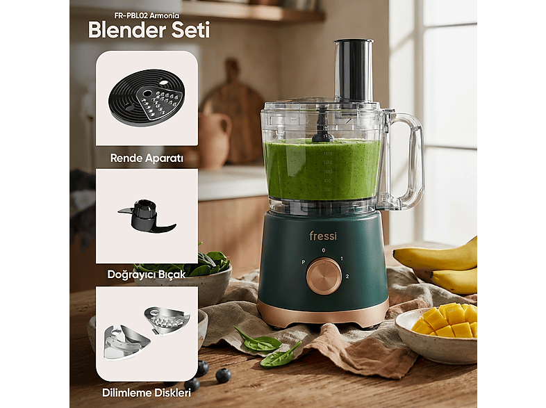 FRESSI FR-PBL02 Armonia Power Blender Seti Salata Doğrayıcı 2.5 l 1200 W Mutfak Robotu Yeşil