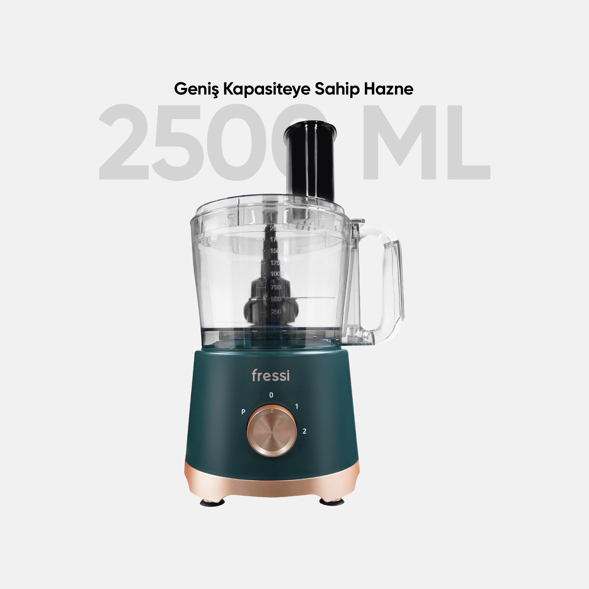 Bakır vurgulu, 2500 ml kapasiteli koyu yeşil Fressi mutfak robotu.
