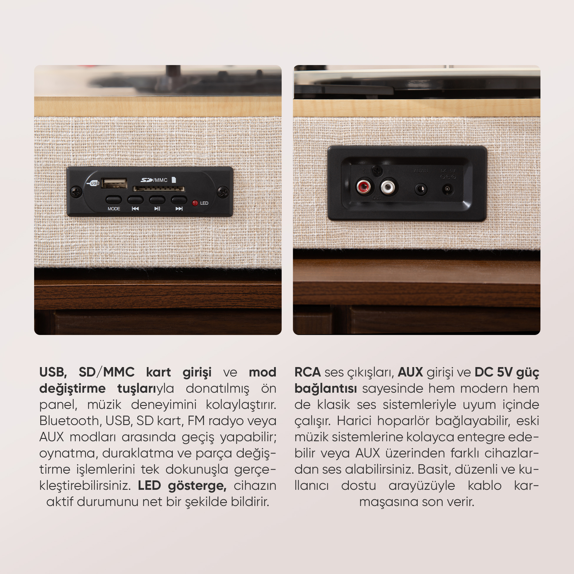 USB, SD/MMC ve düğmeli ön panel. RCA, AUX, DC 5V girişli arka panel.