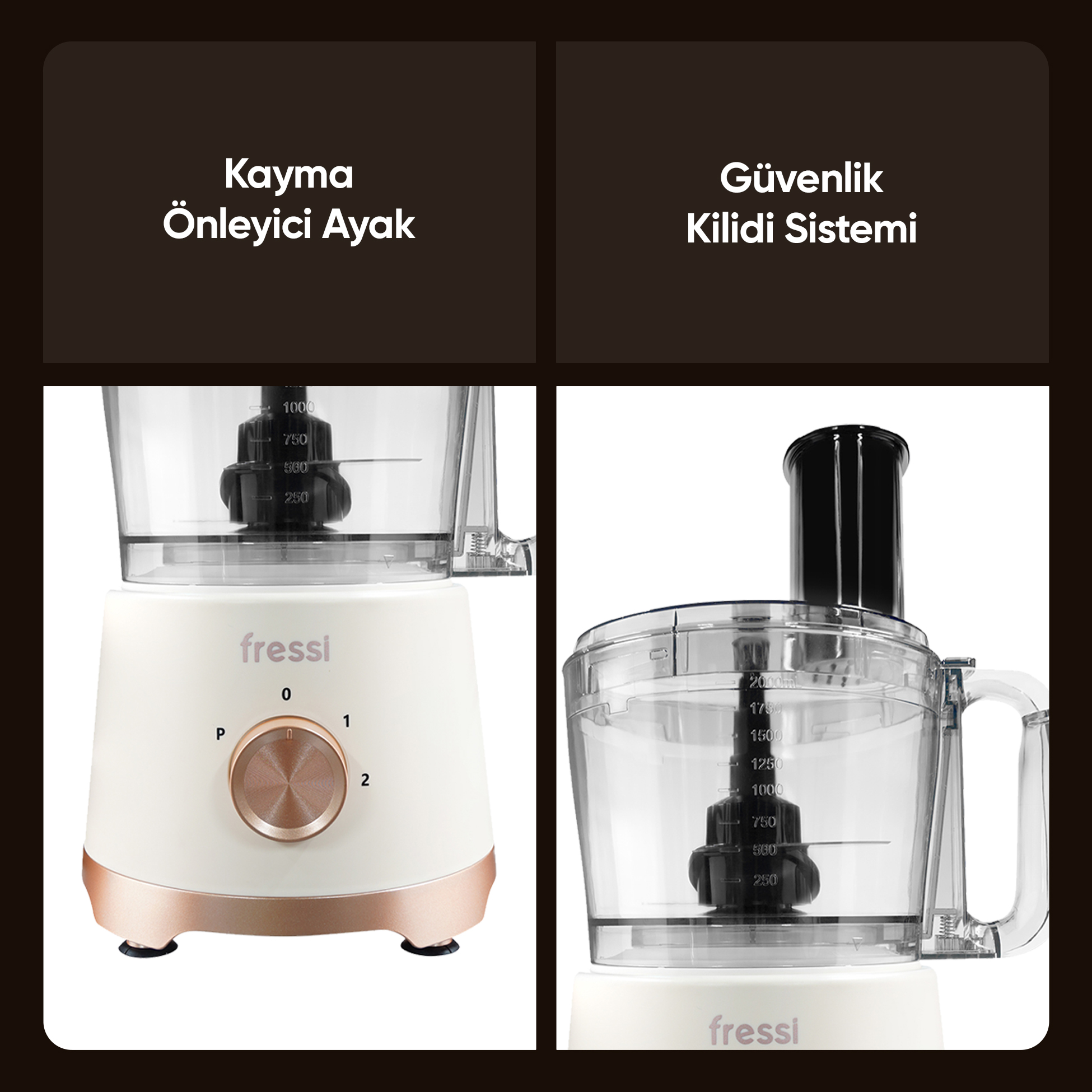 İki Fressi marka mutfak robotu. Soldaki beyaz, rose gold detaylıdır.