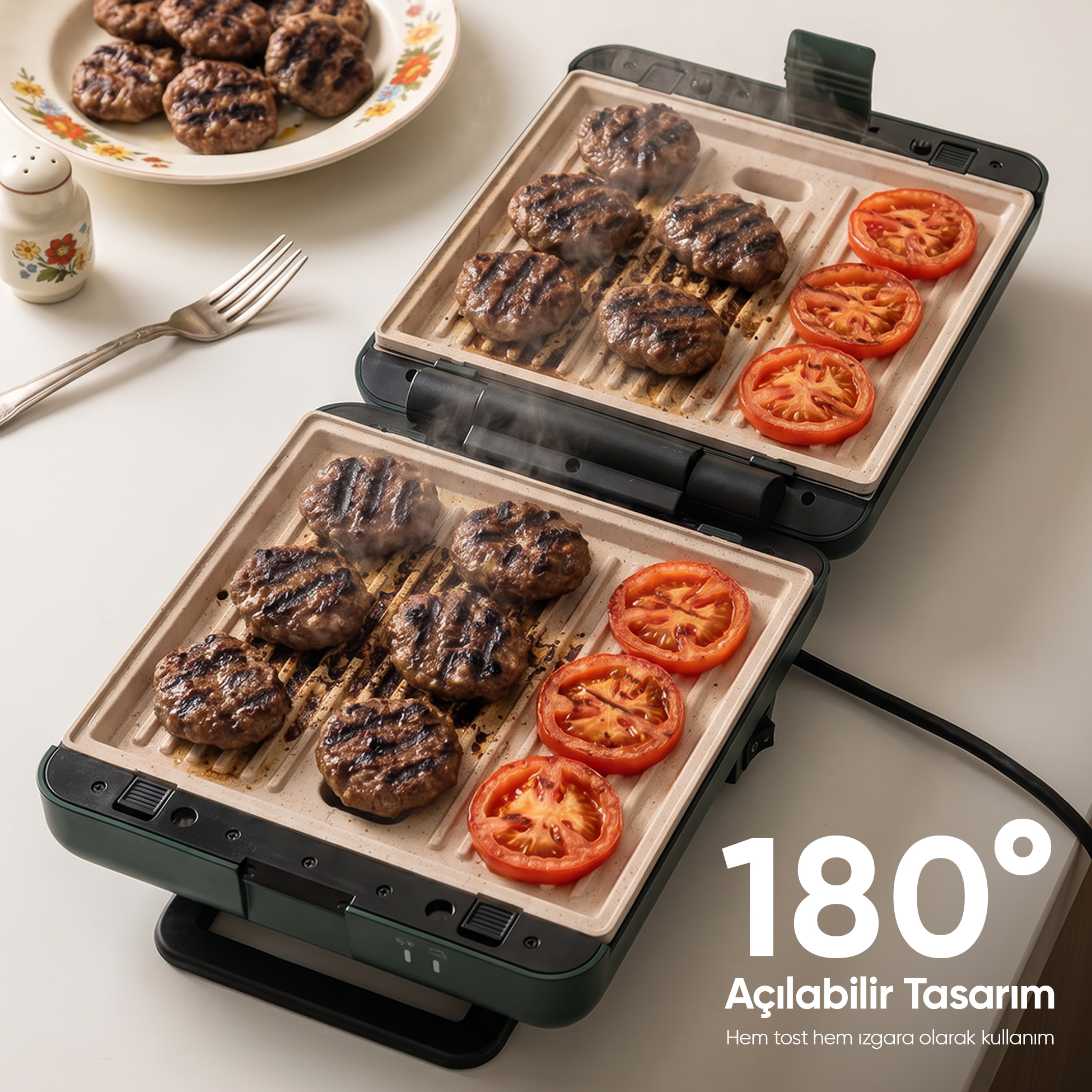 Izgara köfte ve domates dilimleri pişiriyor. Metin: '180° Açılabilir Tasarım'.