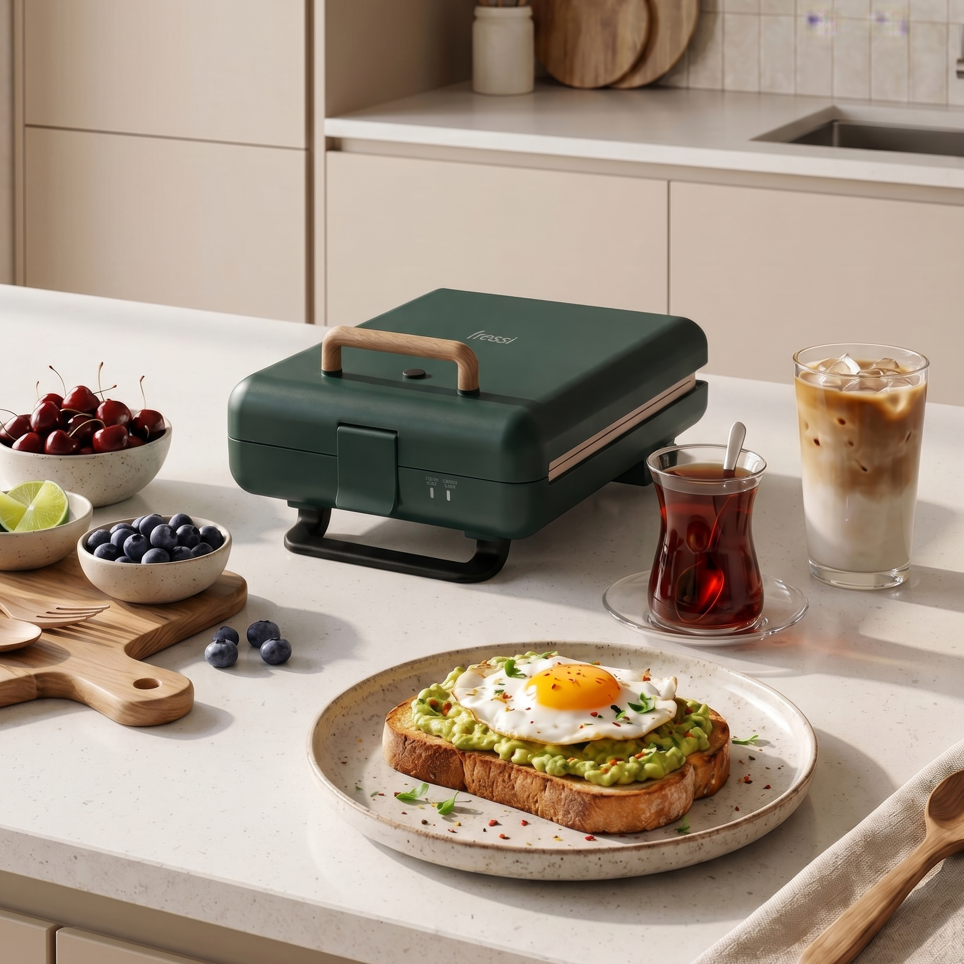 Avokadolu tost, böğürtlen, misket limonu, çay ve kahve ile yeşil sandviç makinesi.