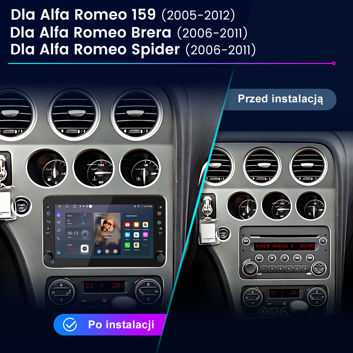 Porównanie dwóch desek rozdzielczych Alfa Romeo: przed i po instalacji nowego radia.