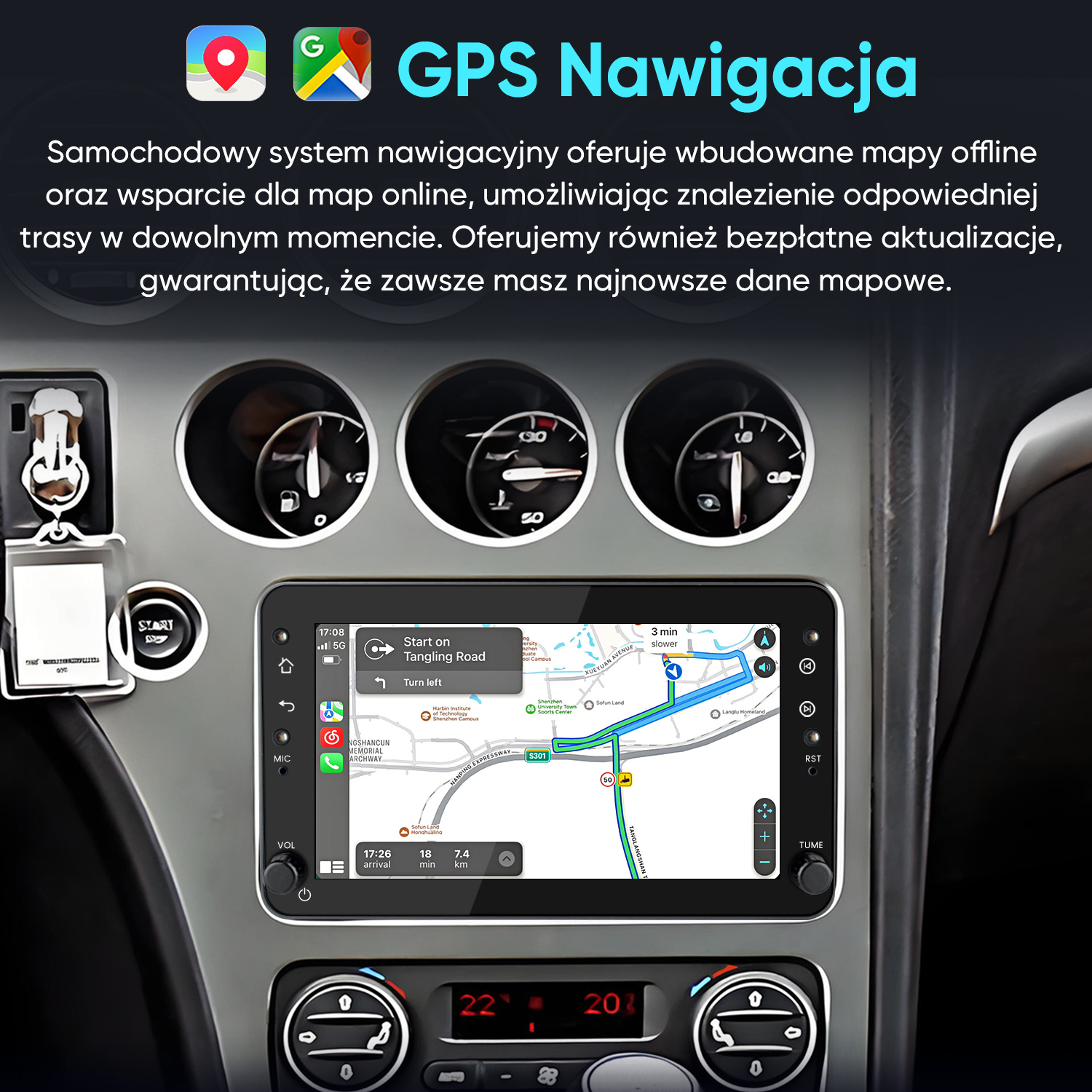 Samochodowy system nawigacji z mapami offline i wsparciem map online. Pokazuje trasy i aktualizacje.