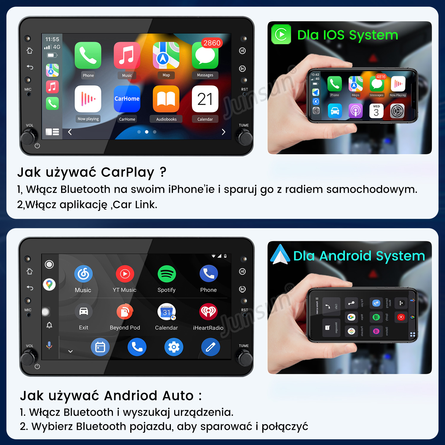 Dwa systemy multimedialne w samochodzie: CarPlay z aplikacjami iPhone i Android Auto z aplikacjami smartfona.