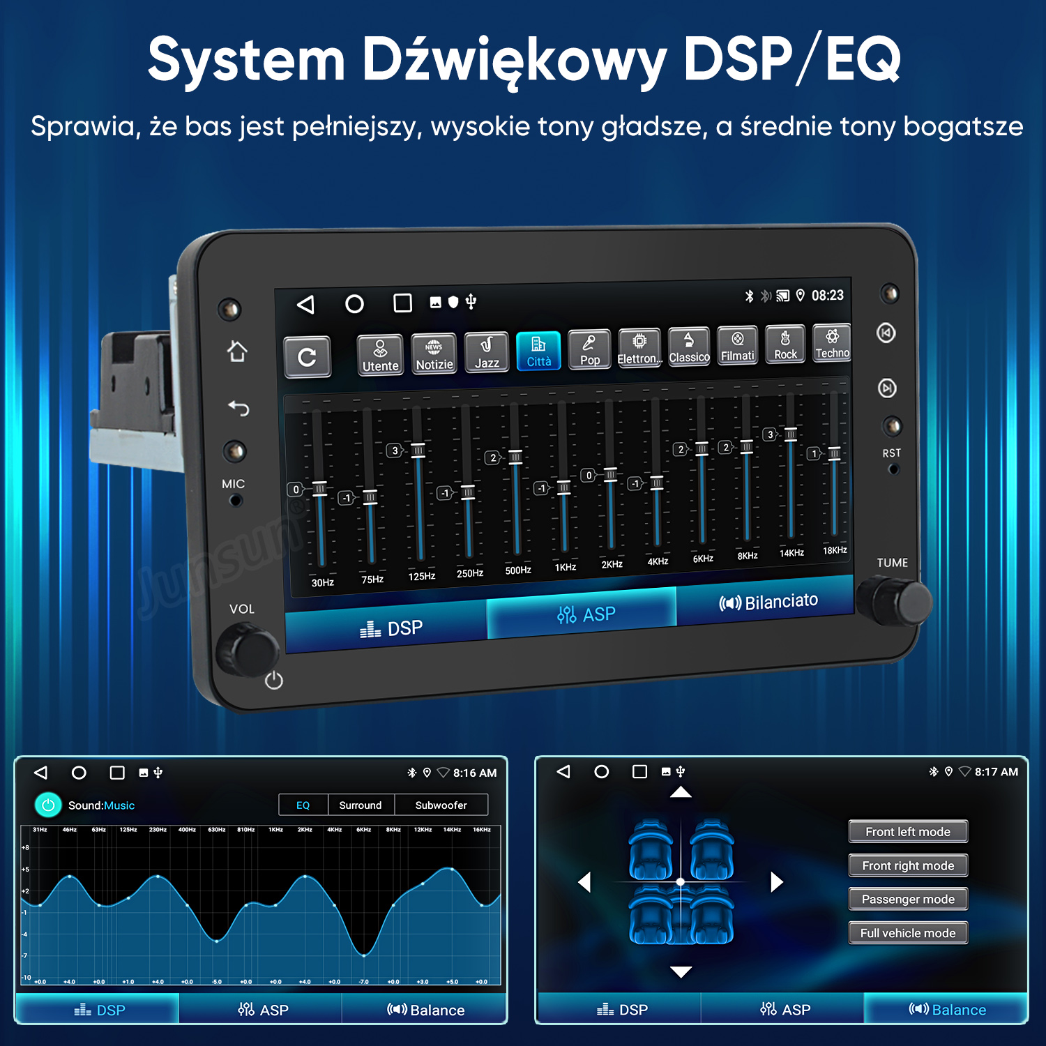 System infotainmentu samochodowego wyświetlający ustawienia EQ i DSP, regulację głośności i tryby dźwięku pojazdu.