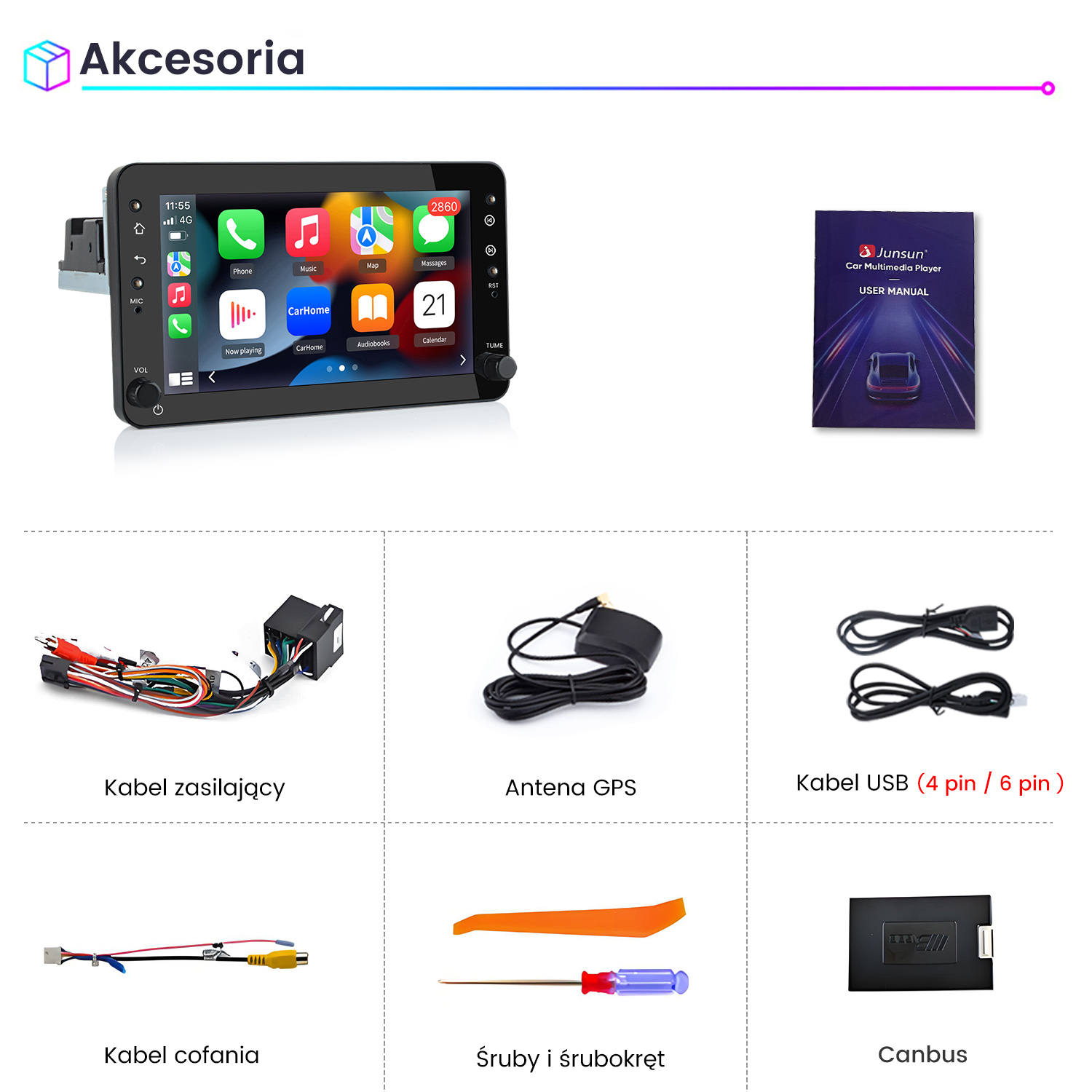 Odtwarzacz multimedialny do samochodu z akcesoriami: kabel zasilający, antena GPS, kabel USB, kabel cofania, narzędzia, Canbus.