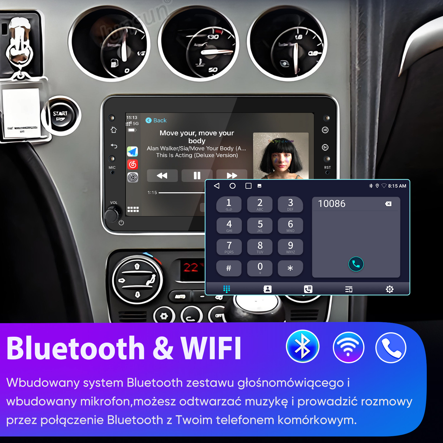 Samochodowy system infotainment z odtwarzaczem muzyki i klawiaturą telefonu.