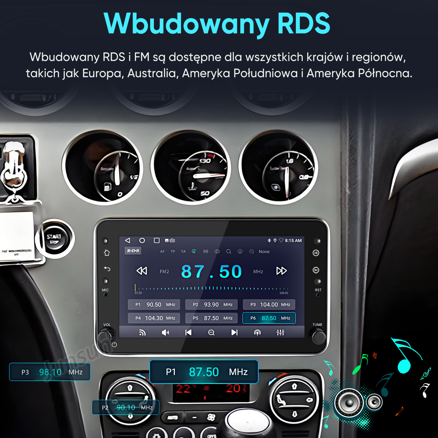 Deska rozdzielcza samochodu z cyfrowym wyświetlaczem radia pokazującym 87.50 MHz.