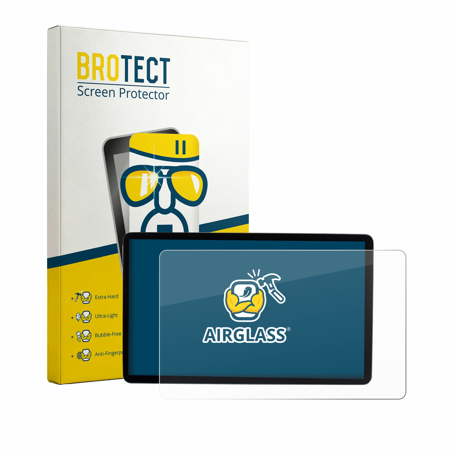 Brotect Displayschutzfolie für ein Tablet mit Airglass-Logo und Schutzfunktionen.