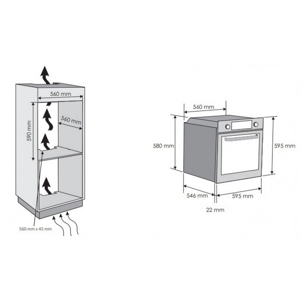 Disegno tecnico di un forno e di un mobile con dimensioni.