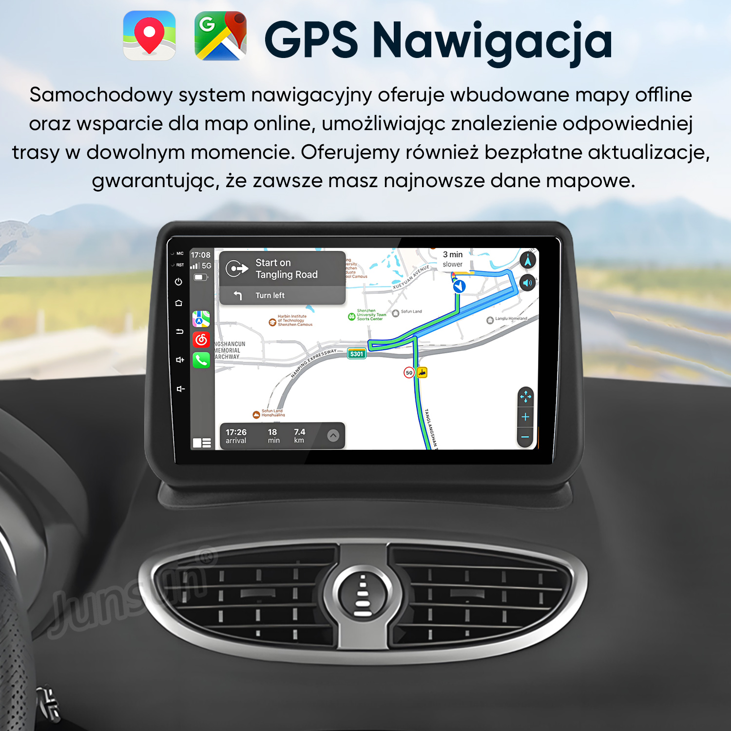 Samochodowy system nawigacji z mapami offline i wskazówkami trasy.