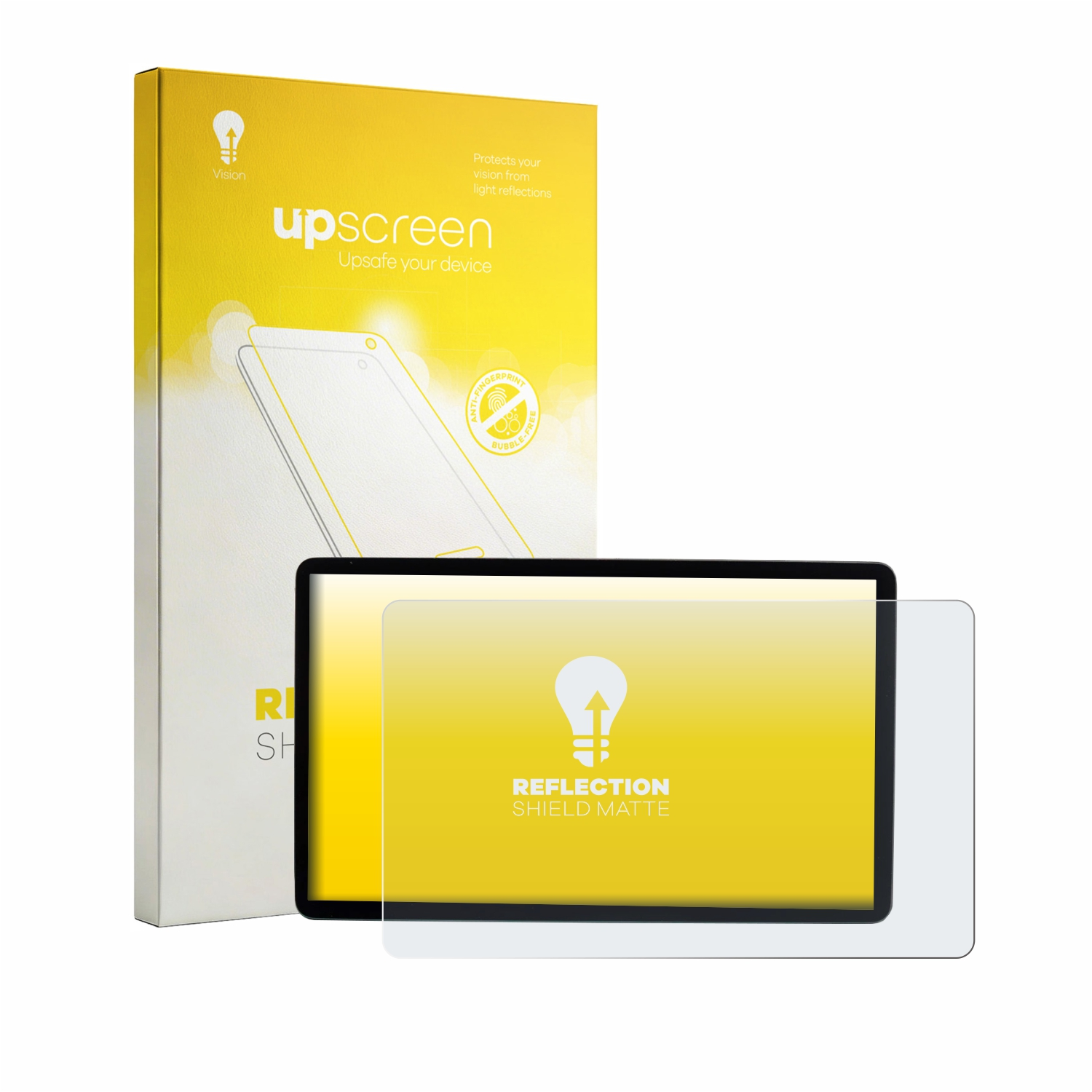 Gelbe Box mit 'upscreen'-Logo neben Tablet mit Displayschutzfolie.