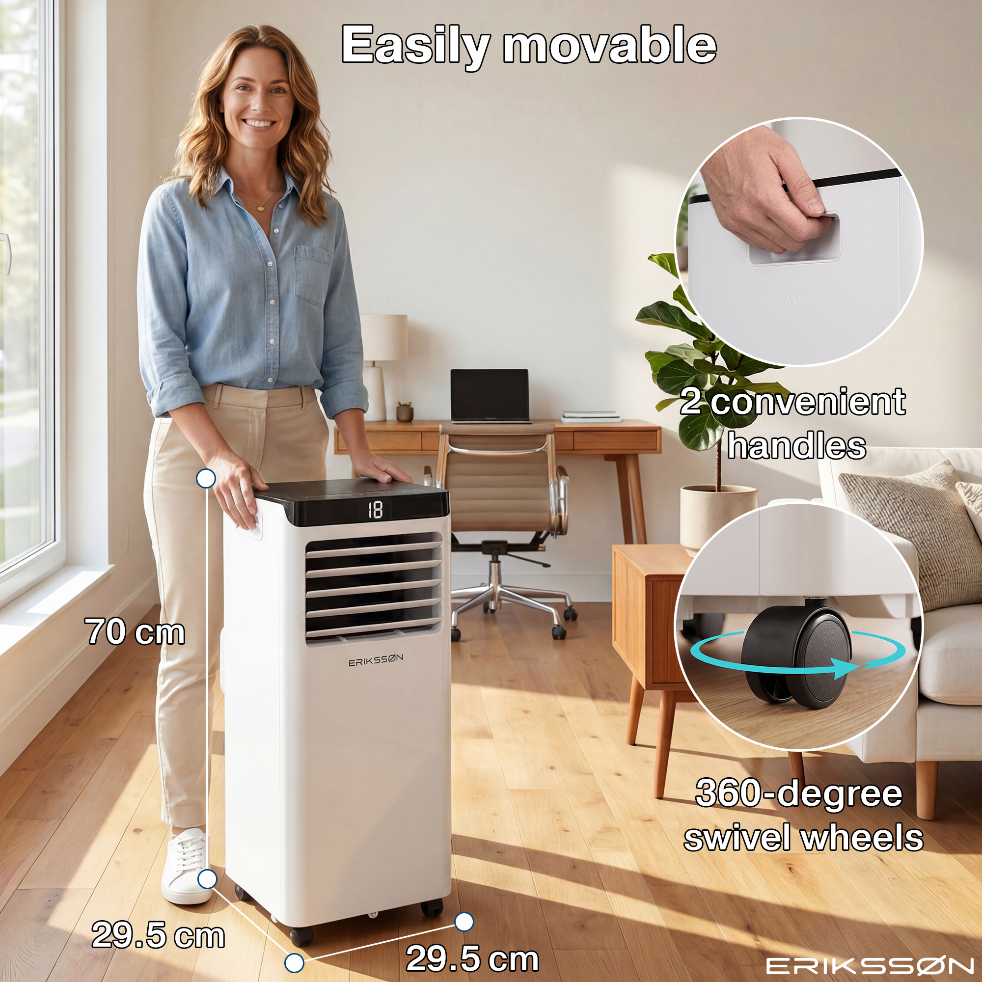 Een vrouw staat naast een witte airconditioner met wielen. Afmetingen zijn aangegeven.