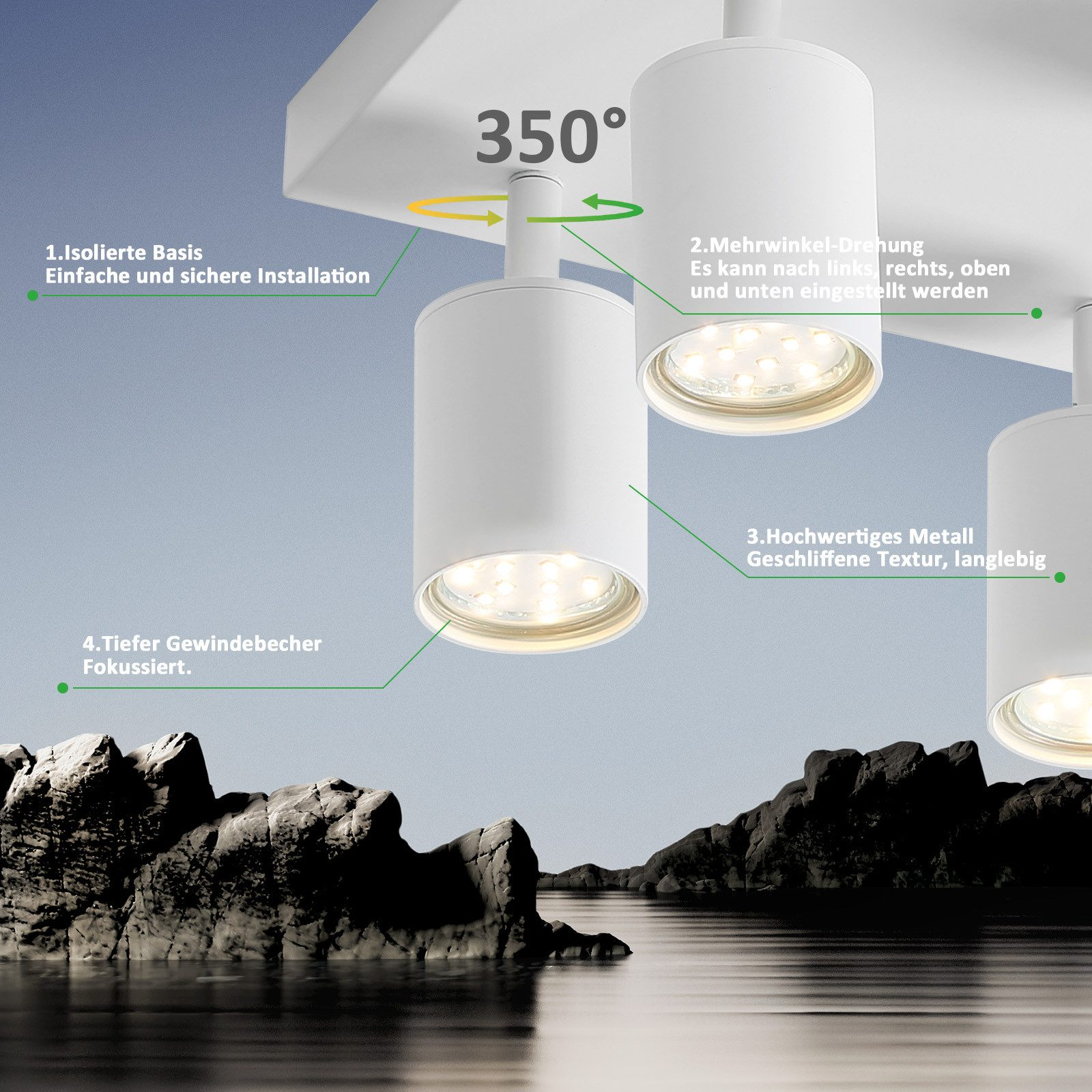 Białe lampy sufitowe z obrotem 350°, nad skałami i wodą.