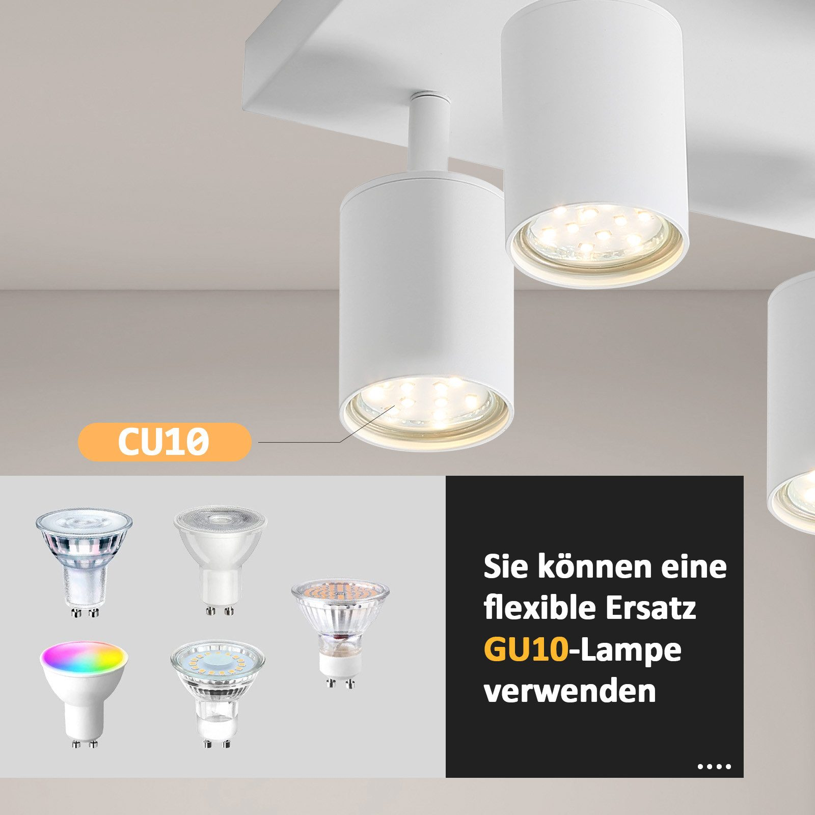 Biała lampa sufitowa z żarówkami GU10 i zapasowymi żarówkami poniżej.
