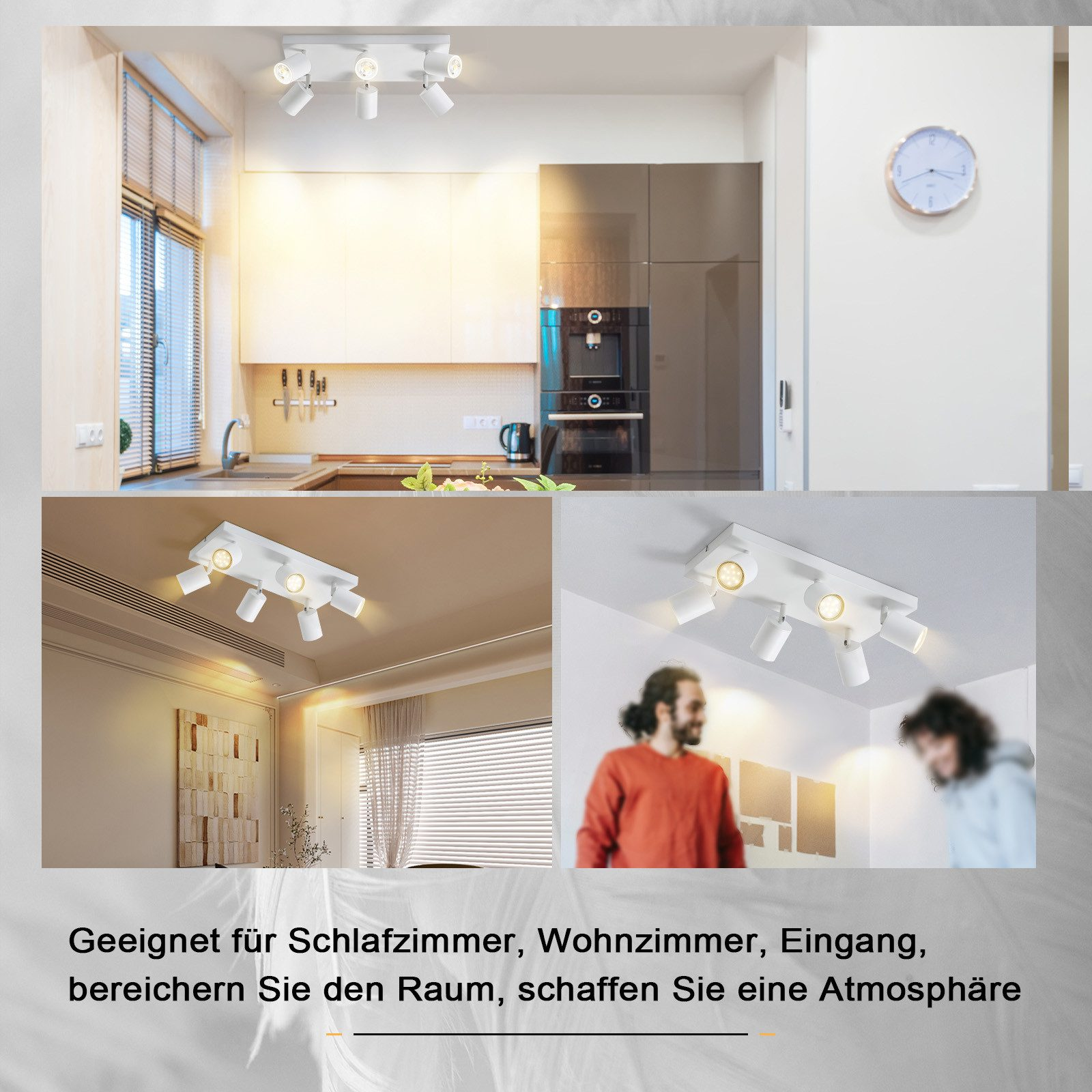 Biała lampa sufitowa z 5 spotami nad kuchnią i dwiema osobami.