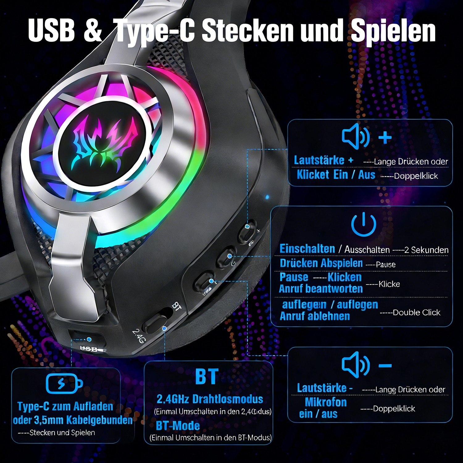 Gaming-Kopfhörer mit RGB-Beleuchtung, USB-C-Ladeanschluss und verschiedenen Verbindungsmodi.