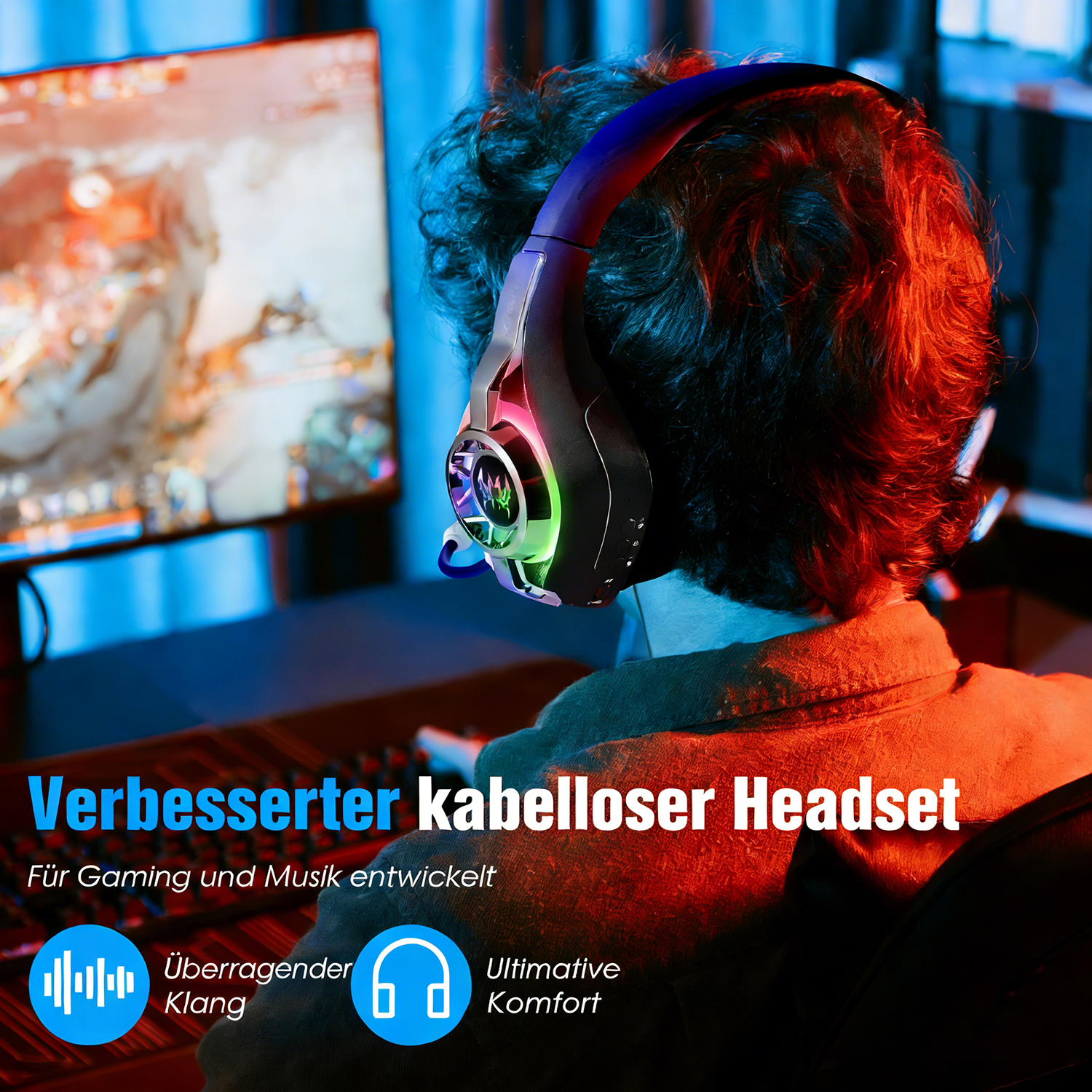Mann mit kabellosem Headset vor PC-Monitor, beleuchtet mit roten und blauen Lichtern.