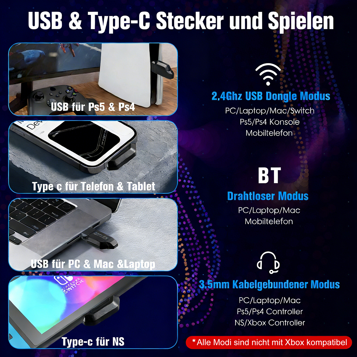 USB & Typ-C Stecker & Spielen für verschiedene Geräte wie Konsolen, Telefone, Laptops.