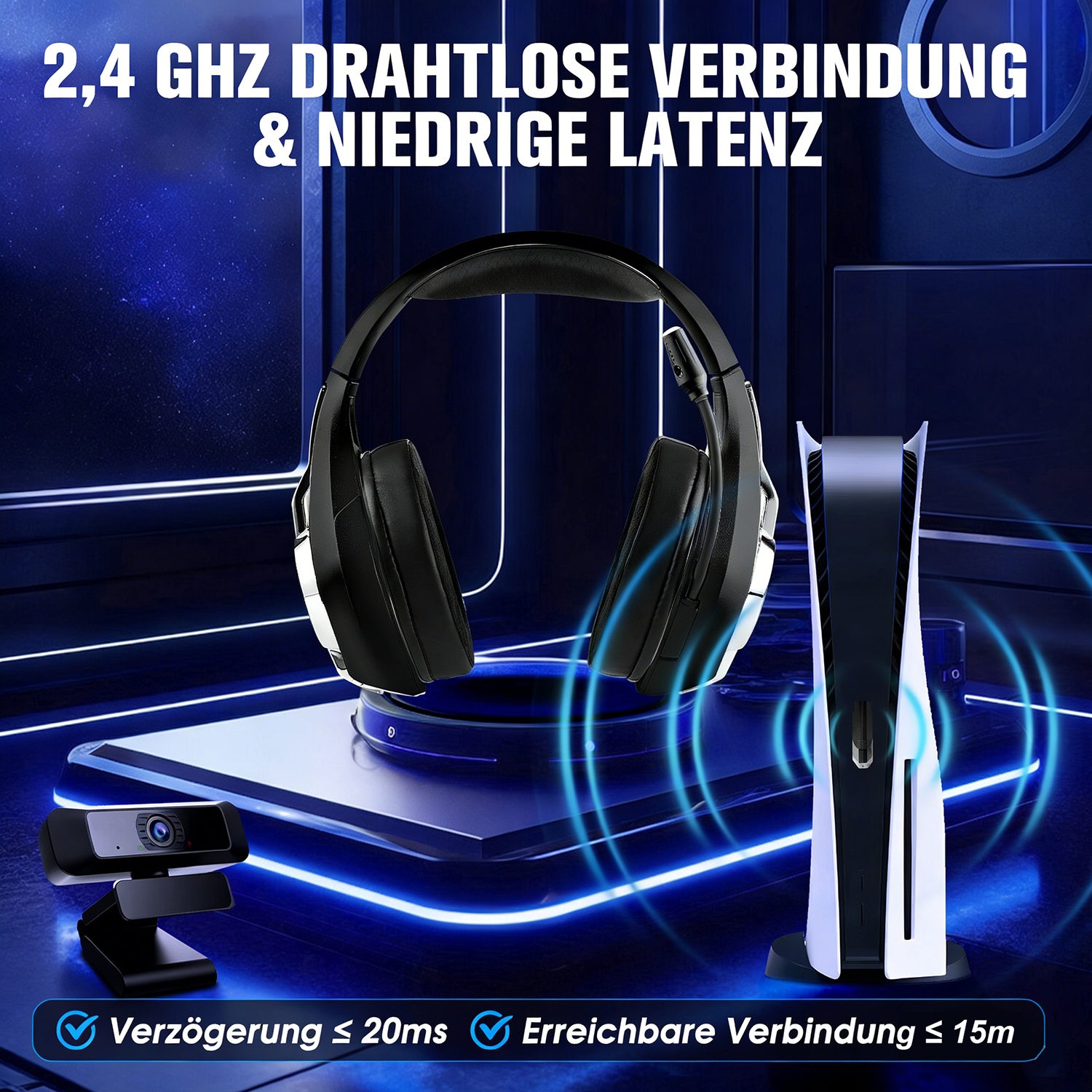 Gaming-Headset, Konsole, Webcam auf blauem Hintergrund mit Wellen.