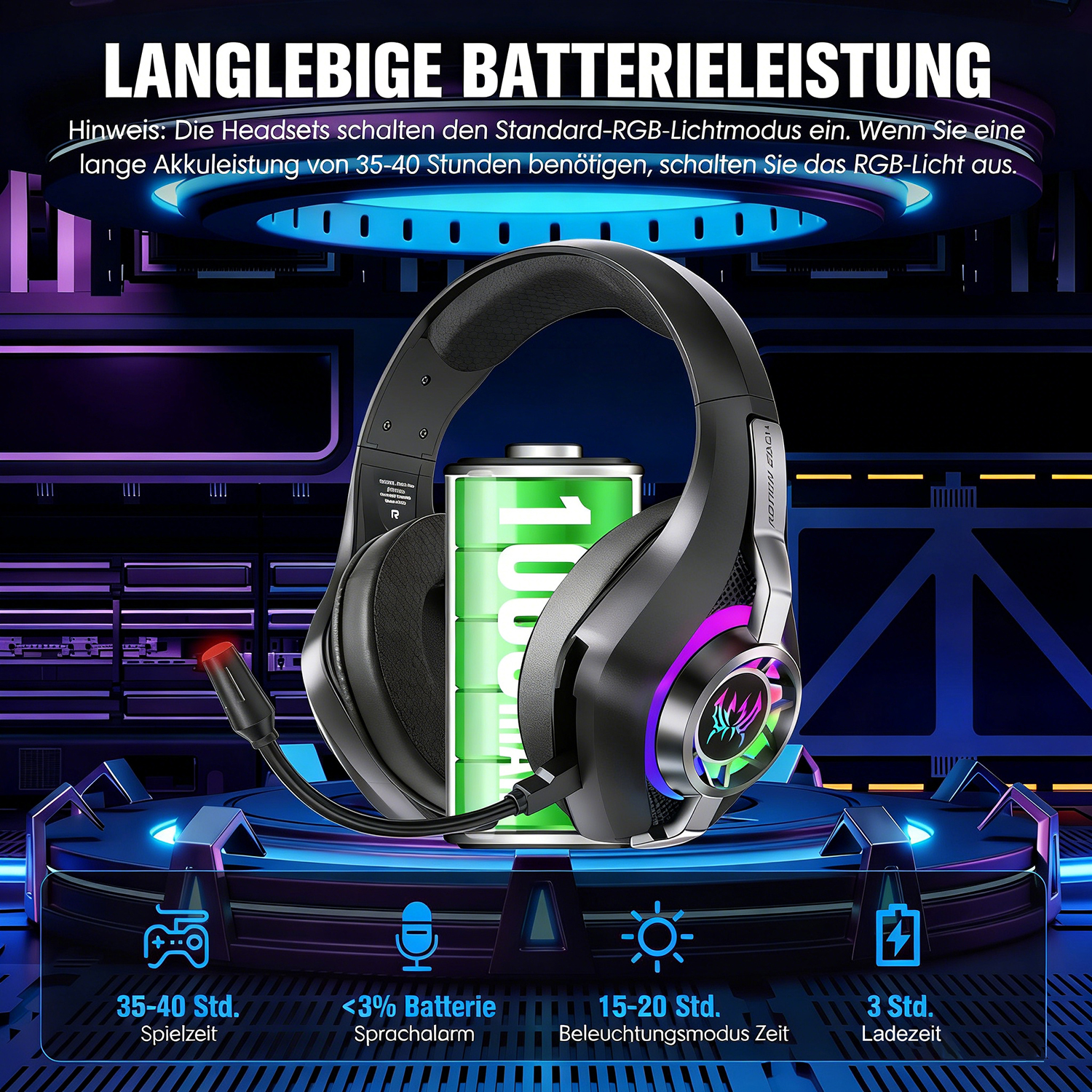 Gaming-Headset mit Mikrofon und RGB-Beleuchtung neben einer 100%igen Batterieanzeige.