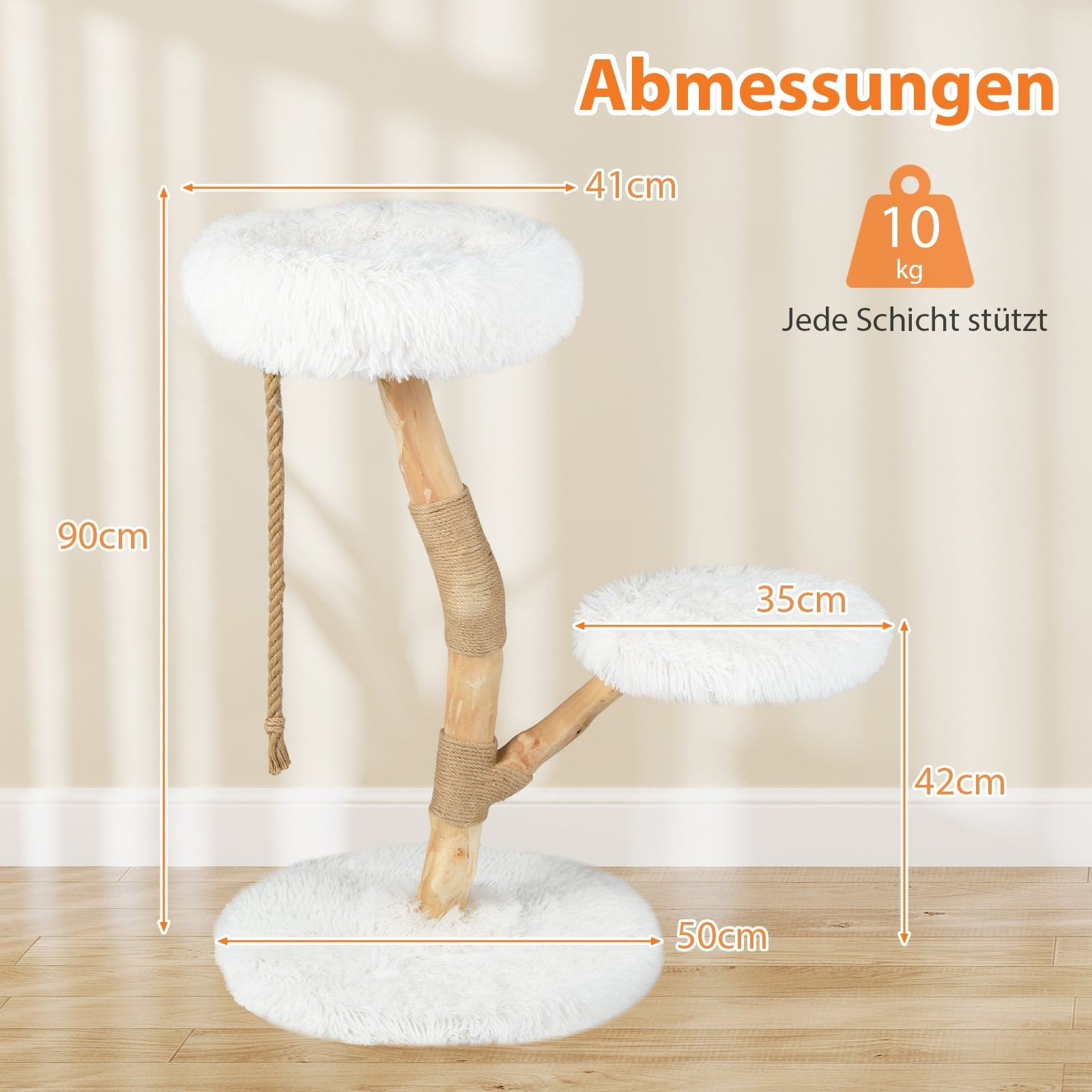 Cat tree with two white fluffy platforms and a rope.