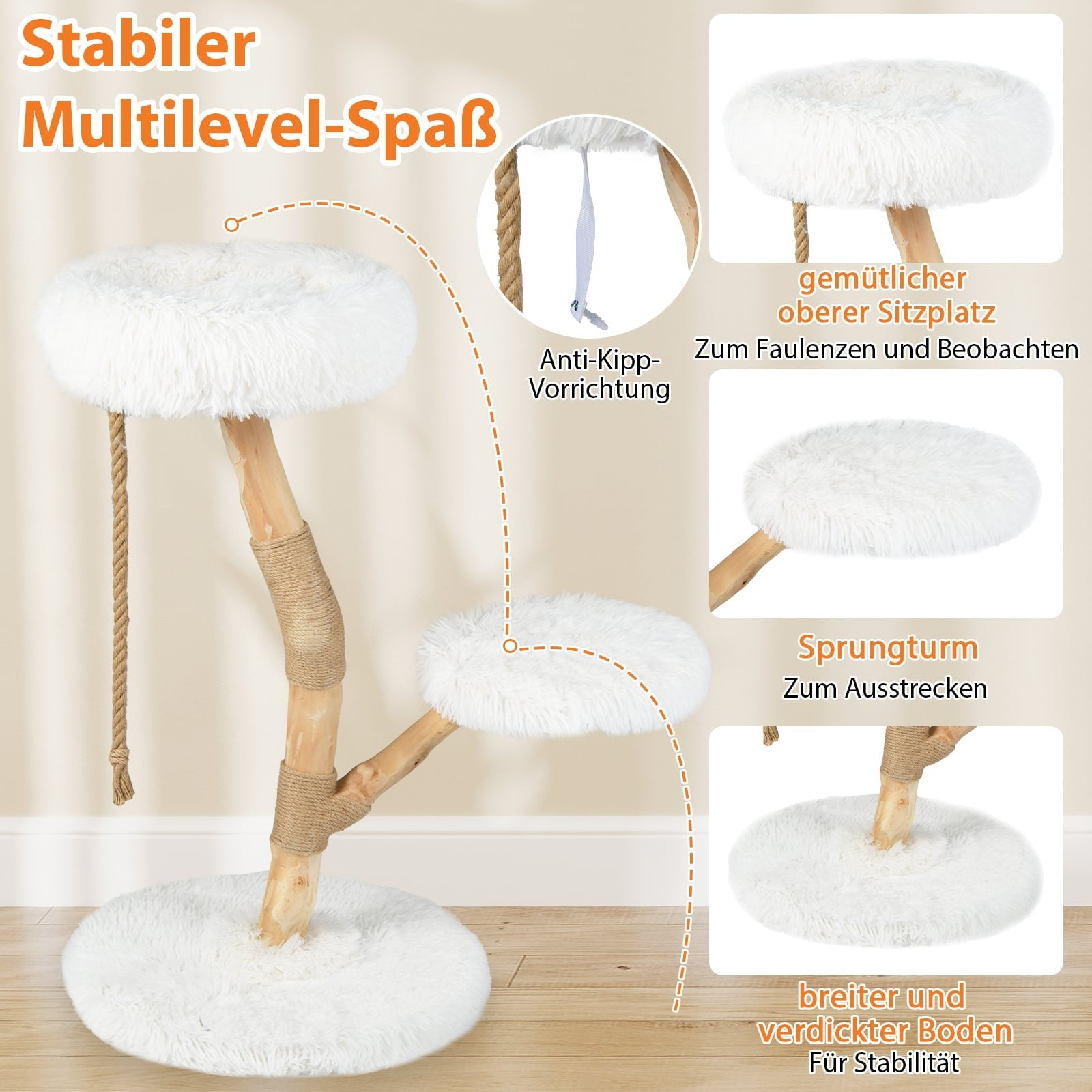 A multi-level cat tree with white, fluffy perches and ropes.