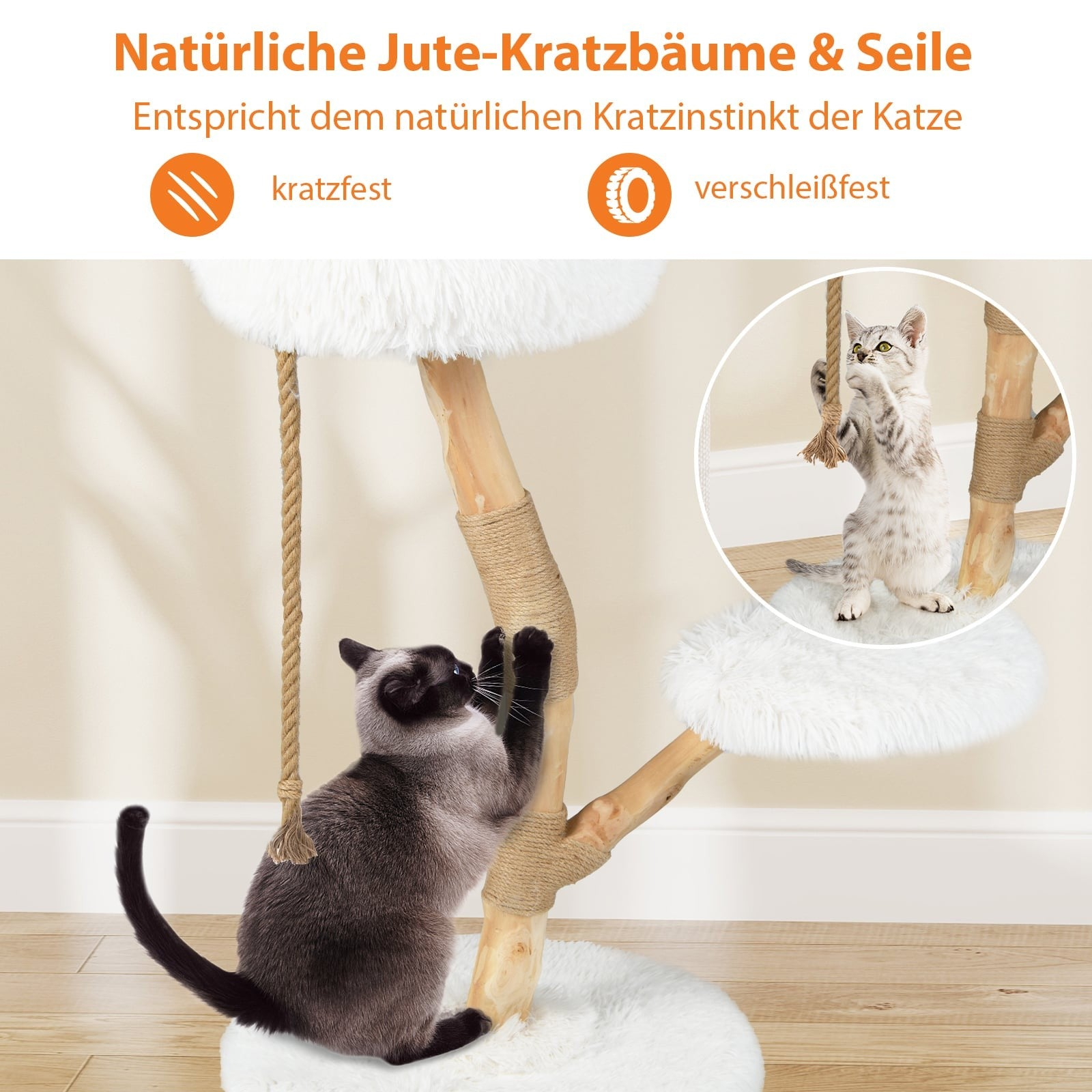 Cat tree with jute rope. A dark Siamese cat scratches, a light cat plays.