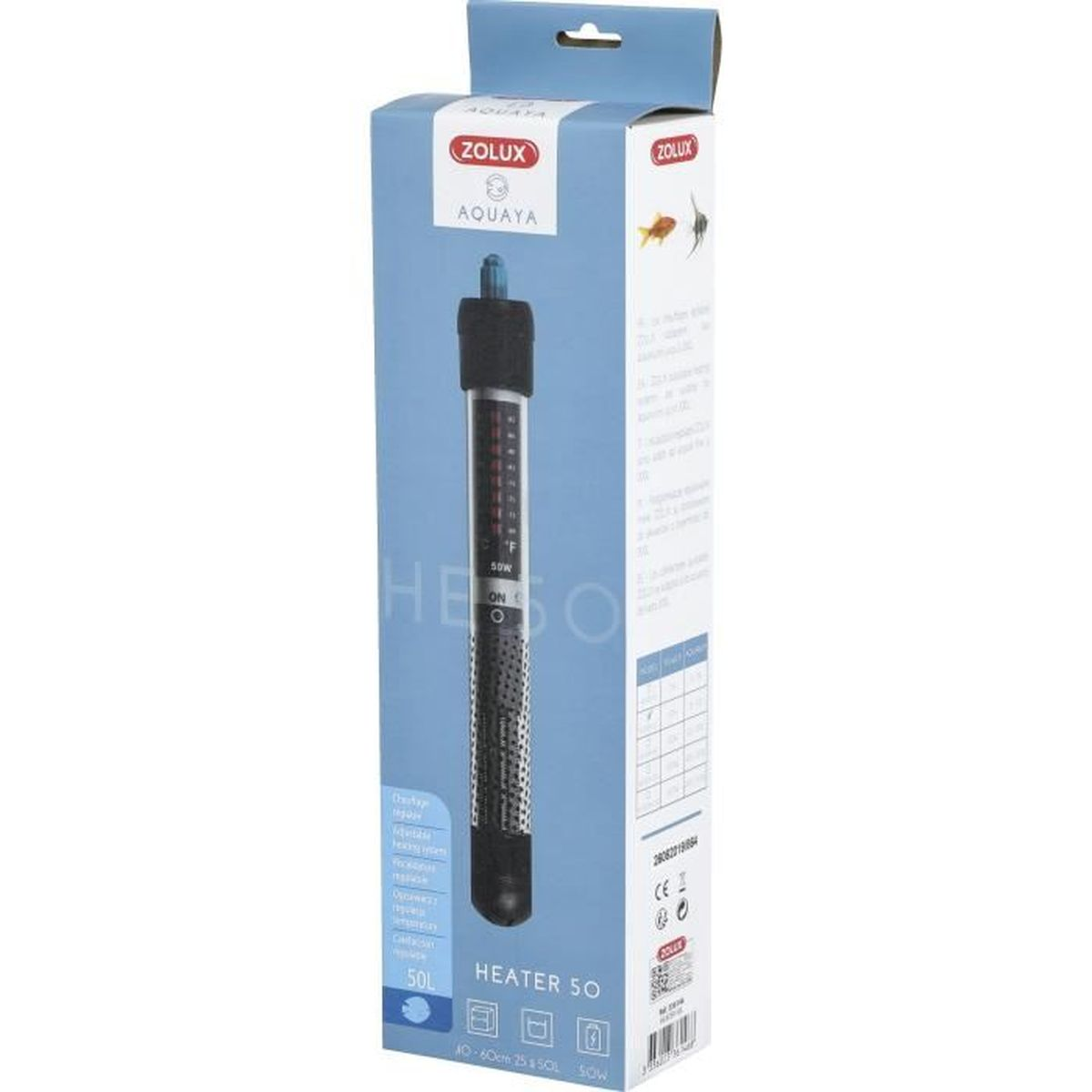 Packaging with a Zolux Aquaya 50W aquarium heater.