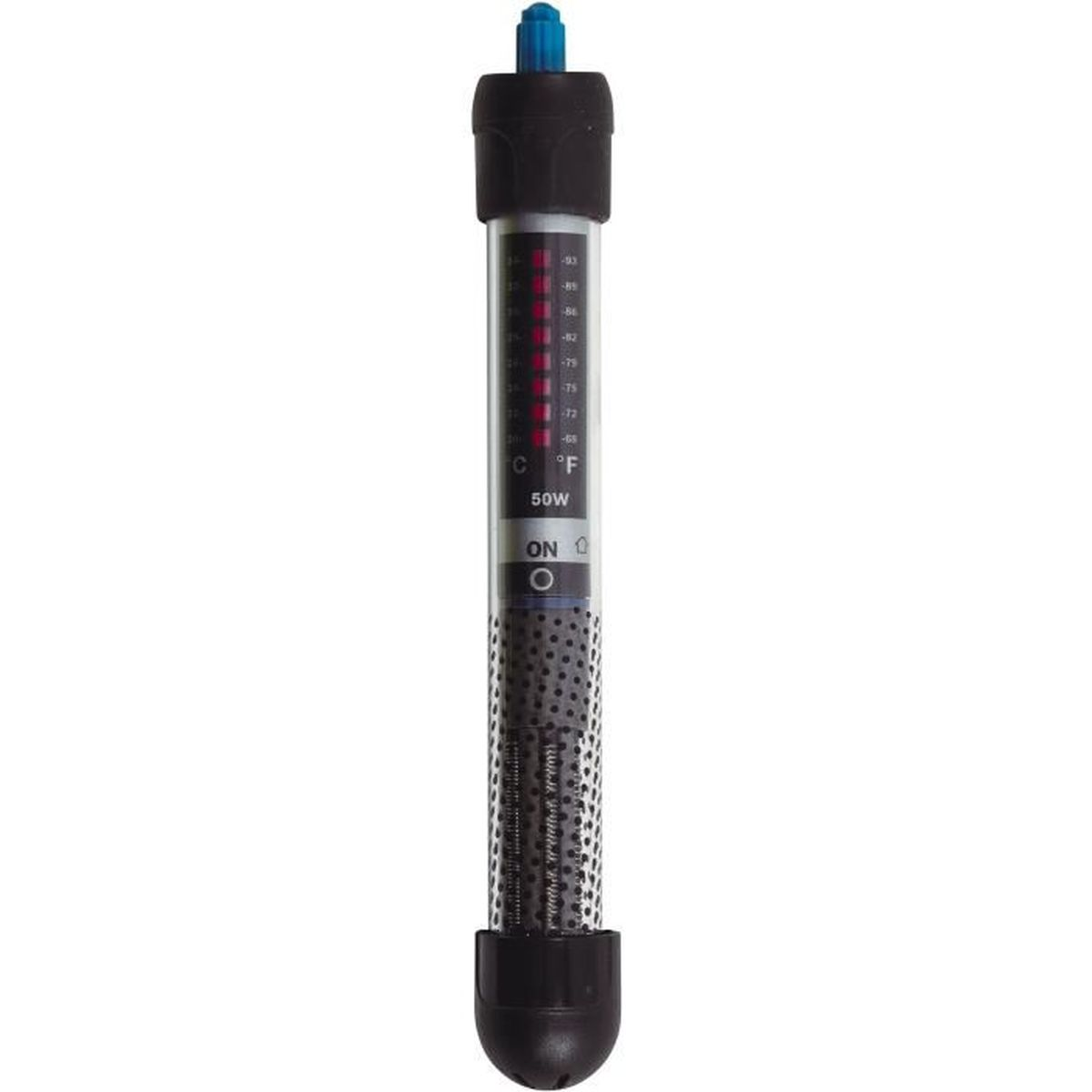 A black and silver aquarium heater with temperature gauge and 50W marking.