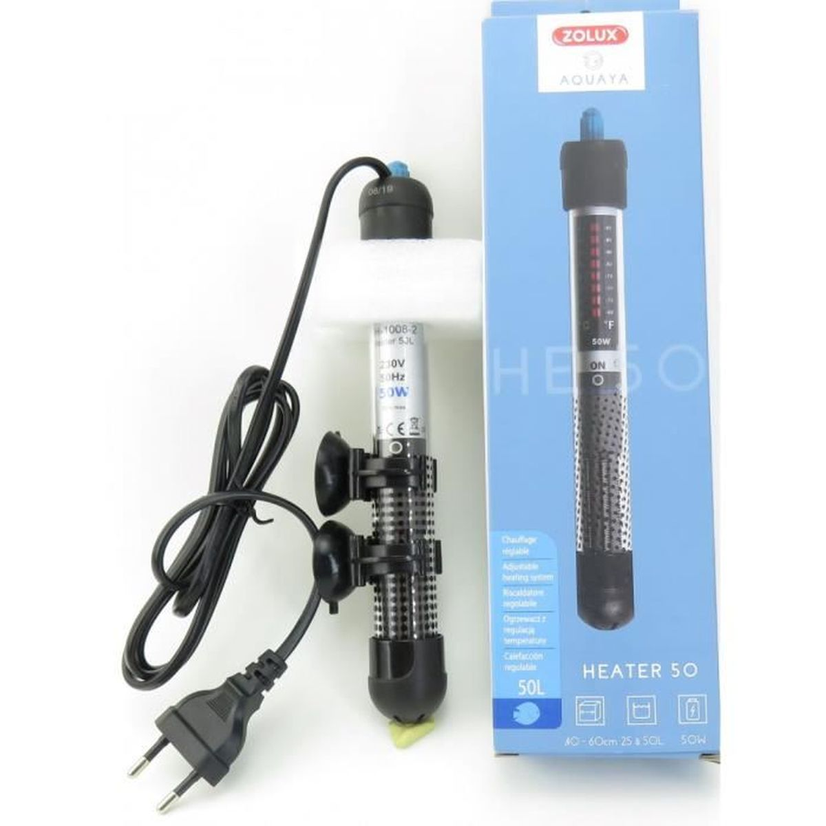 An aquarium heater with cord and plug lies next to its packaging.