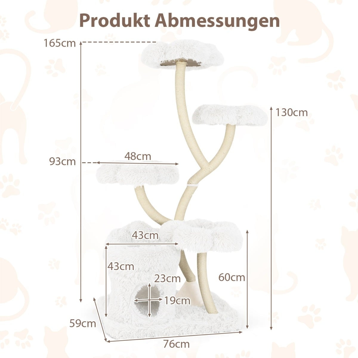 Cat tree with dimensions: Height 165cm, Width 76cm. Multiple levels.