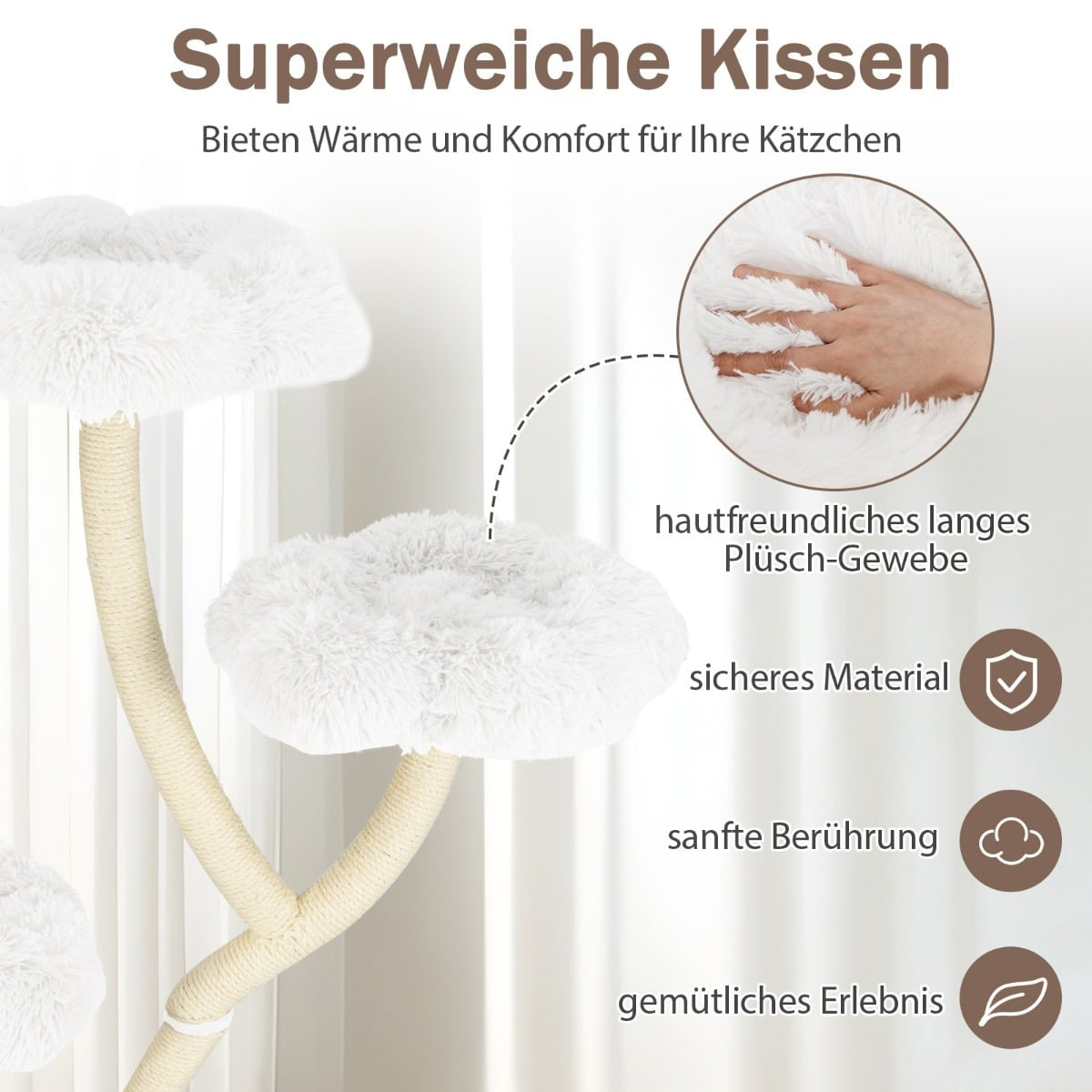 A cat tree with soft, white cushions and rope. Text highlights comfort.