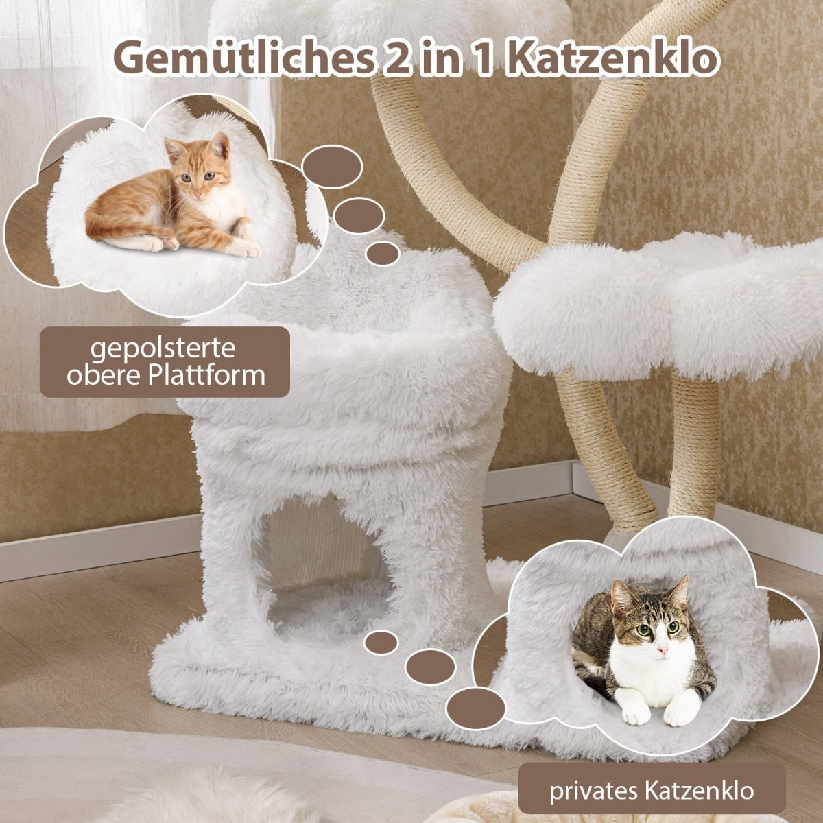 A white cat tree with two cats, one on top, one in the house.