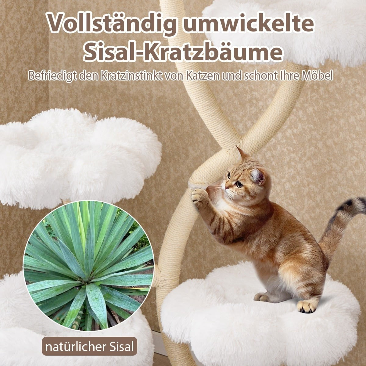 A cat plays on a sisal scratching post with white cloud-shaped resting platforms.